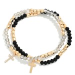 Wholesale cross Charm Beaded Stretch Bracelet Set faceted glass beads faux pearl