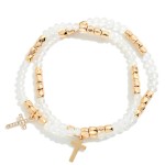 Wholesale cross Charm Beaded Stretch Bracelet Set faceted glass beads faux pearl