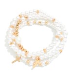 Wholesale pearl Cross Charm Stretch Bracelet Set strands faux pearls sparkling r