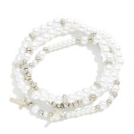 Wholesale pearl Cross Charm Stretch Bracelet Set strands faux pearls sparkling r