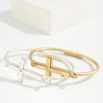 Wholesale sideways Cross Wire Bangle Bracelet polished east west cross centered