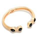 Wholesale stone Tip Open Cuff Bracelet ribbed matte band round cabochon stones a