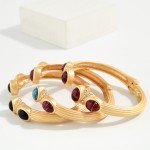 Wholesale stone Tip Open Cuff Bracelet ribbed matte band round cabochon stones a