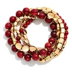 Wholesale stackable Stretch Bracelet Set mixing round stone beads polished metal