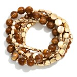 Wholesale stackable Stretch Bracelet Set mixing round stone beads polished metal