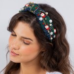 Plaid Holiday Pearl Beaded Headband With Santa Charms and Rhinestone Accents

- One Size Fits Most