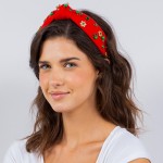 Top Knot Holiday Headband With Gold Tone Snowflakes and Rhinestone Accents

- One Size Fits Most