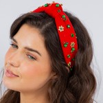 Top Knot Holiday Headband With Gold Tone Snowflakes and Rhinestone Accents

- One Size Fits Most