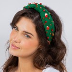 Top Knot Holiday Headband With Enamel Christmas Charms and Rhinestone Accents

- One Size Fits Most