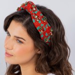 Christmas Holly Printed Top Knot Headband With Rhinestone Details

- One Size Fits Most