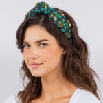 Wholesale christmas Holly Printed Top Knot Headband Rhinestone Details One Fits