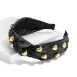 Wholesale heart Studded Faux Leather Wrapped Top Knot Headband One Fits Most