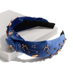 Wholesale velour Game Day Knotted Headband Rhinestones Gold Footballs One Fits M
