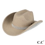 C.C VCC0073
Vegan Cowboy Hat With Rhinestone Trim And Band

- One Size Fits Most
- Brim Approximately 3.5" W 
- 100% Polyester 