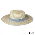 C.C STH0033
Stripped Panama Boater Sun Hat

- One Size Fits Most
- Internal Adjustable Drawstring 
- Brim Approximately 3 7/8"
- 60% Wheat Straw/ 40% Paper
