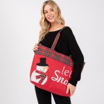 Wholesale felt Embroidered Let It Snow Snowman Tote Bag Plaid Detail Lined Insid
