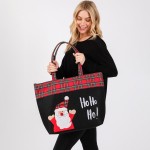 Wholesale felt Embroidered Ho Ho Ho Santa Tote Bag Plaid Detail Lined Inside One