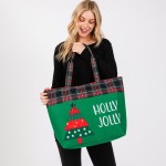 Wholesale felt Embroidered Holly Jolly Christmas Tree Tote Bag Plaid Detail Line