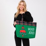 Wholesale felt Embroidered Holly Jolly Christmas Tree Tote Bag Plaid Detail Line