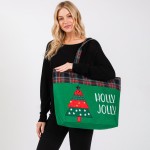Wholesale felt Embroidered Holly Jolly Christmas Tree Tote Bag Plaid Detail Line