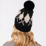 Wholesale argyle Pattern Cuffed Beanie Faux Fur Pom Lined Inside One Fits Most A