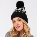 Wholesale argyle Pattern Cuffed Beanie Faux Fur Pom Lined Inside One Fits Most A