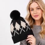Wholesale argyle Pattern Cuffed Beanie Faux Fur Pom Lined Inside One Fits Most A