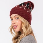 Wholesale argyle Pattern Cuffed Beanie Faux Fur Pom Lined Inside One Fits Most A