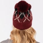 Wholesale argyle Pattern Cuffed Beanie Faux Fur Pom Lined Inside One Fits Most A