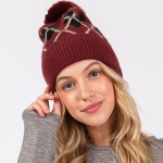 Wholesale argyle Pattern Cuffed Beanie Faux Fur Pom Lined Inside One Fits Most A