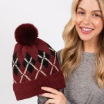 Wholesale argyle Pattern Cuffed Beanie Faux Fur Pom Lined Inside One Fits Most A