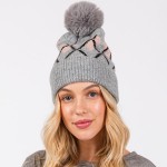 Wholesale argyle Pattern Cuffed Beanie Faux Fur Pom Lined Inside One Fits Most A