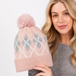 Wholesale argyle Pattern Cuffed Beanie Faux Fur Pom Lined Inside One Fits Most A