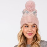 Wholesale argyle Pattern Cuffed Beanie Faux Fur Pom Lined Inside One Fits Most A