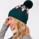 Wholesale argyle Pattern Cuffed Beanie Faux Fur Pom Lined Inside One Fits Most A