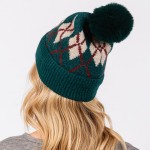 Wholesale argyle Pattern Cuffed Beanie Faux Fur Pom Lined Inside One Fits Most A