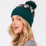Wholesale argyle Pattern Cuffed Beanie Faux Fur Pom Lined Inside One Fits Most A