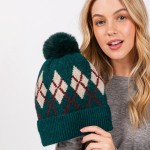 Wholesale argyle Pattern Cuffed Beanie Faux Fur Pom Lined Inside One Fits Most A
