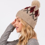 Wholesale argyle Pattern Cuffed Beanie Faux Fur Pom Lined Inside One Fits Most A