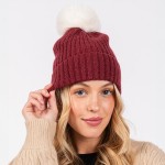 Wholesale cuffed Knit Beanie Faux Fur Pom One Fits All Polyester