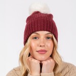 Wholesale cuffed Knit Beanie Faux Fur Pom One Fits All Polyester