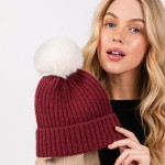 Wholesale cuffed Knit Beanie Faux Fur Pom One Fits All Polyester