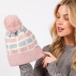 Wholesale cuffed Knit Beanie Sherpa Block Details Faux Fur Pom One Fits All Poly
