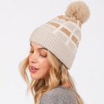 Wholesale cuffed Knit Beanie Sherpa Block Details Faux Fur Pom One Fits All Poly