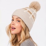 Wholesale cuffed Knit Beanie Sherpa Block Details Faux Fur Pom One Fits All Poly