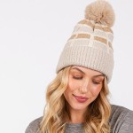 Wholesale cuffed Knit Beanie Sherpa Block Details Faux Fur Pom One Fits All Poly