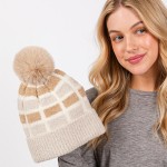 Wholesale cuffed Knit Beanie Sherpa Block Details Faux Fur Pom One Fits All Poly