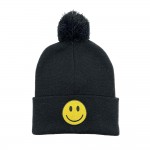 Wholesale happy Embroidered Knit Beanie Yarn Pom One Fits Most Acrylic