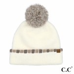 C.C HTE0121
Neutral Horizontal Stripe Cuffed Pom Beanie 

- 69% Polyester / 23% Acrylic / 6% Wool / 2% Spandex 
- One Size Fits Most