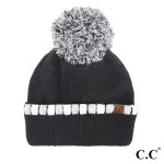 C.C HTE0121
Neutral Horizontal Stripe Cuffed Pom Beanie 

- 69% Polyester / 23% Acrylic / 6% Wool / 2% Spandex 
- One Size Fits Most